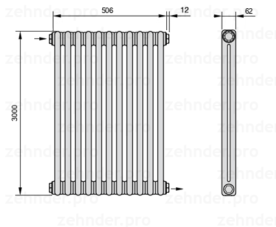 Схема (чертеж) Радиатор Zehnder Charleston 2300/11 №1670 Белый глянцевый RAL 9016